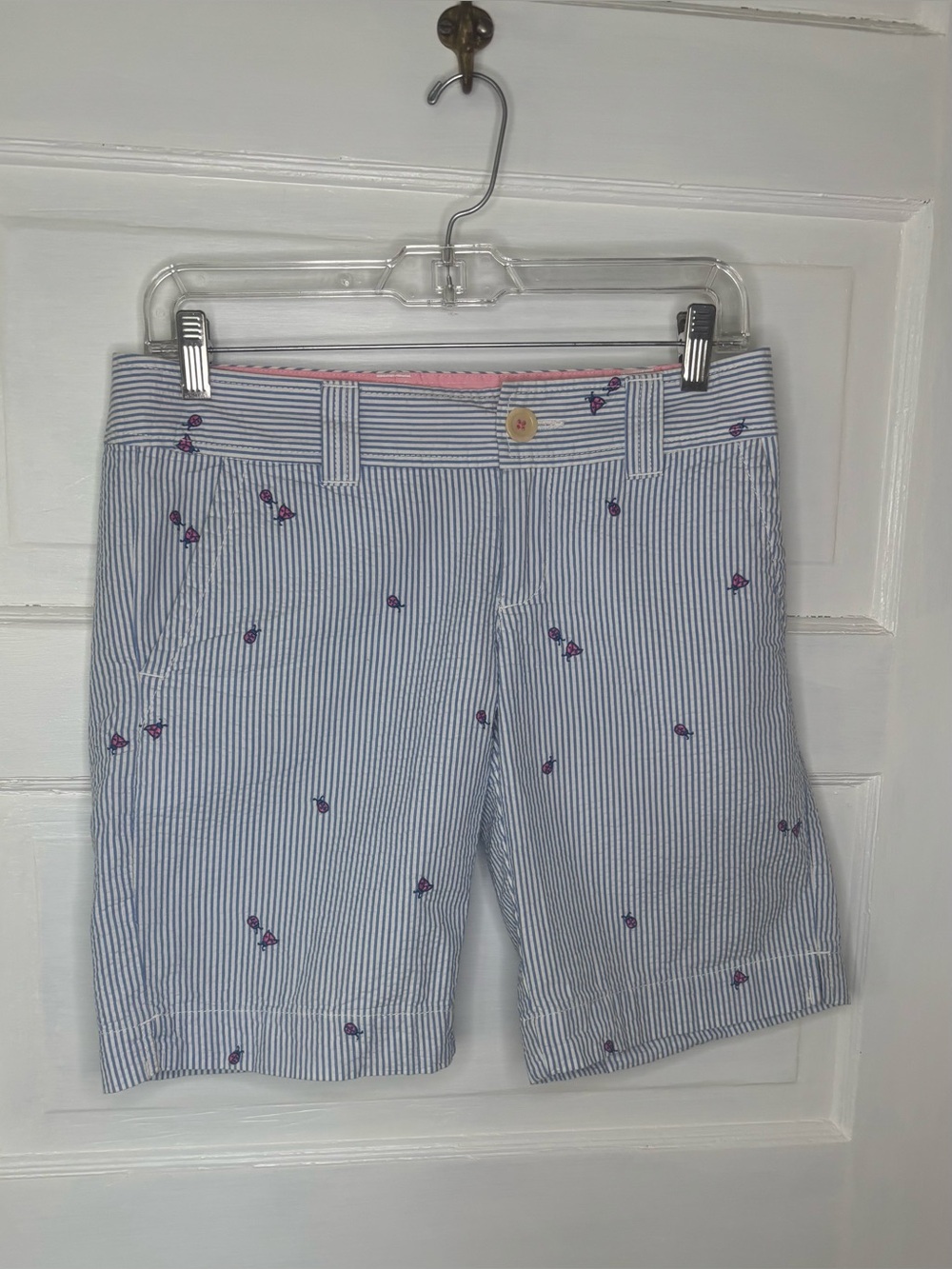 Lilly Pulitzer Blue and White Seersucker Shorts with Ladybug Embroidery